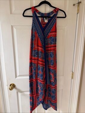 SLNY Red and Blue Asymmetrical Sleeveless Maxi Dress Large